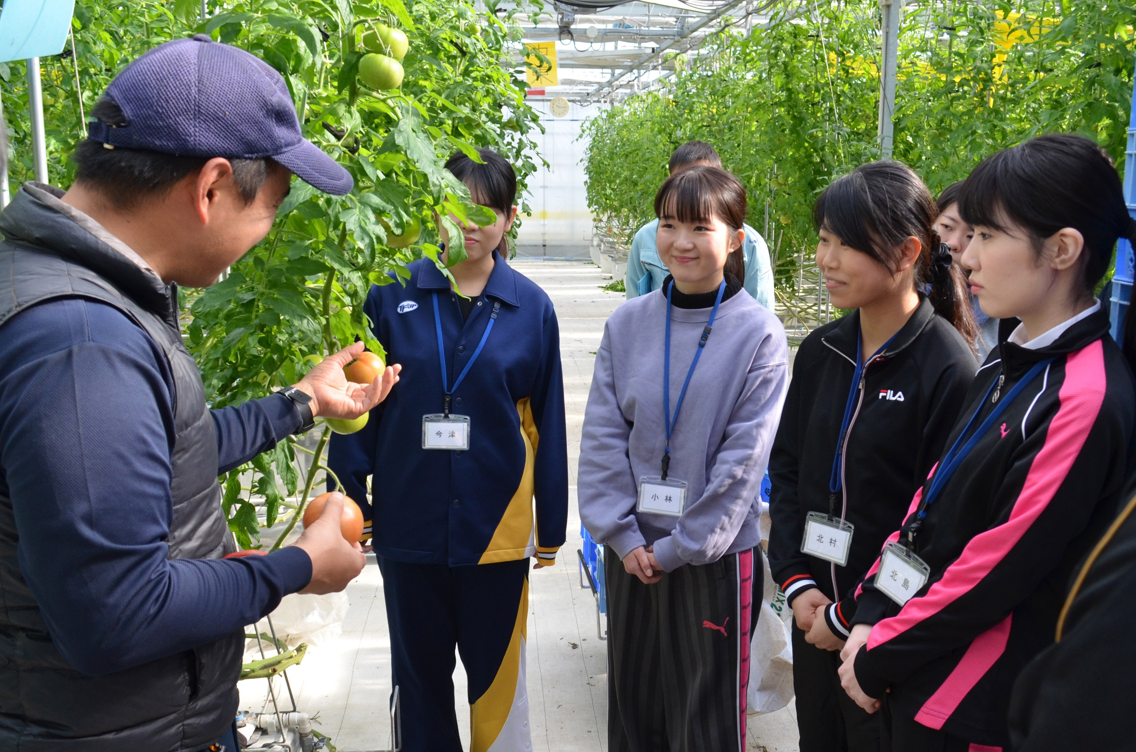 竹内さんから収穫の仕方を教わる学生